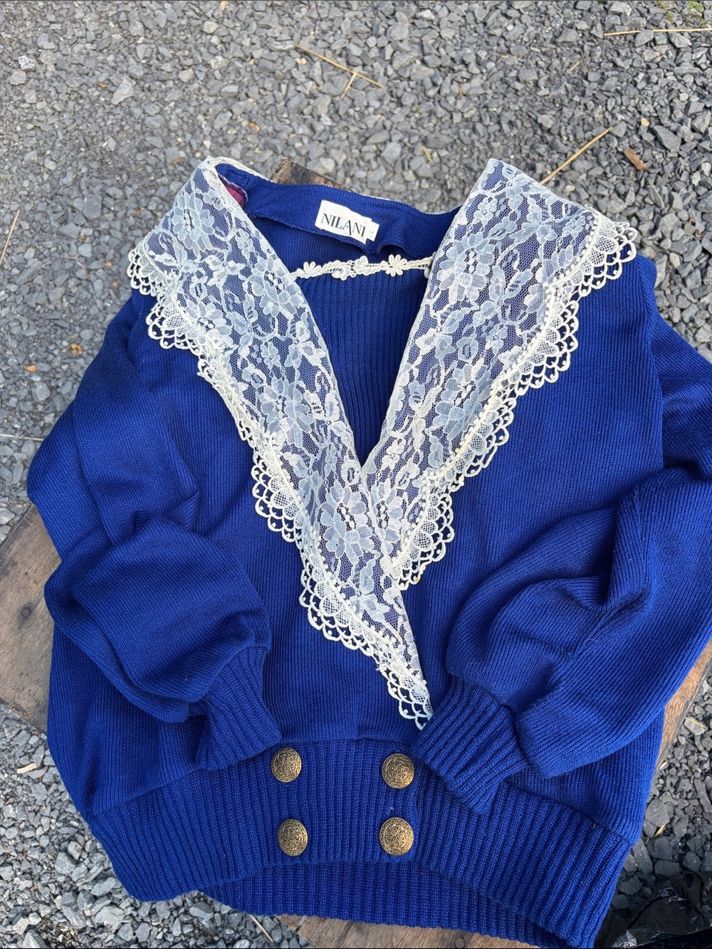 Grannycore, Vintage Royal Blue Lace-Trim V-Neck Sweater and Skirt
